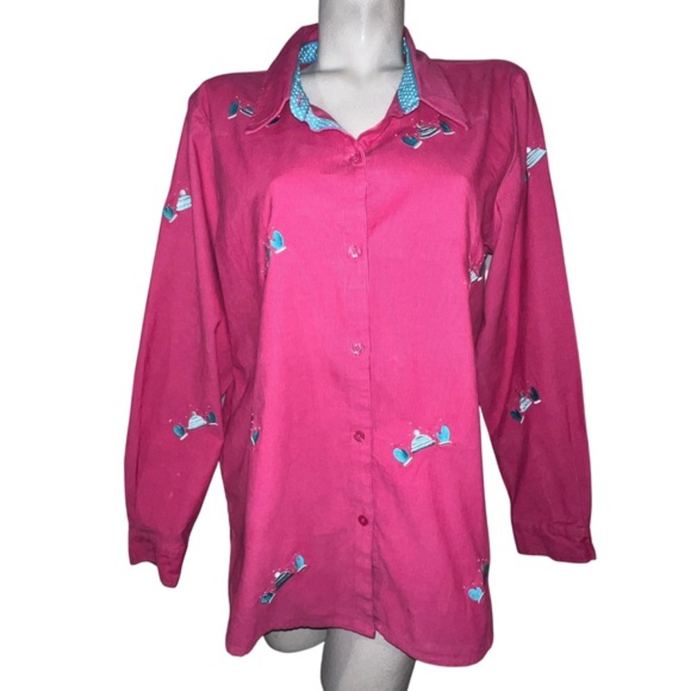 Quaker Factory Pink Corduroy Shirt Women's XLarge Embroidered Winter Hat Mitten